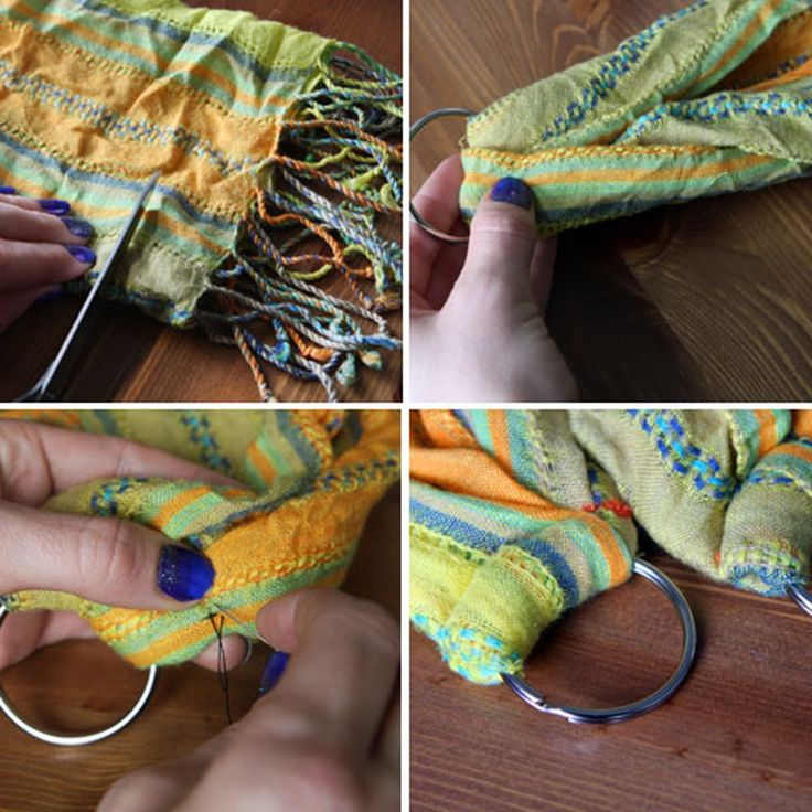 four pictures showing how to sew a blanket with scissors and yarn on the table