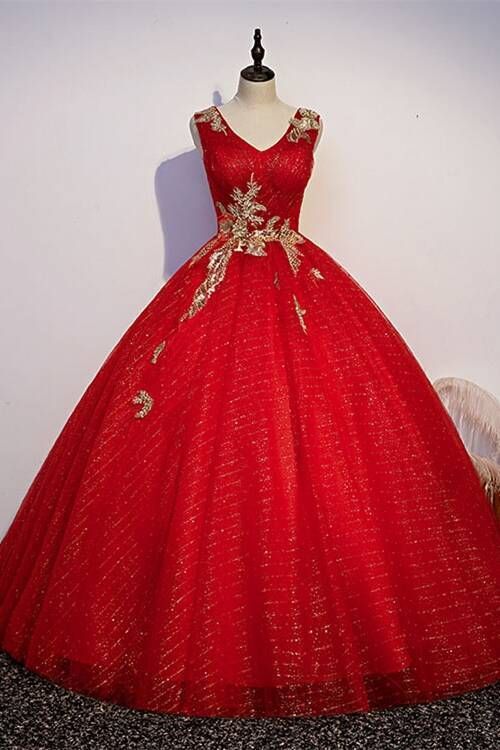 Red and Gold Long Ball Gown with Shawl Sleeveless Ball Gown For Christmas Wedding, Gold Ball Gown Dress For Quinceanera, Gold Gown With Fitted Bodice For Quinceanera, Sleeveless Christmas Wedding Gown, Gold Ball Gown With Fitted Bodice For Quinceanera, Red Tulle Quinceanera Dress For Debutante Ball, Gold Tulle Evening Dress For Prom, Festive Ball Gown Evening Dress, Gold Tulle Gown For Prom Season