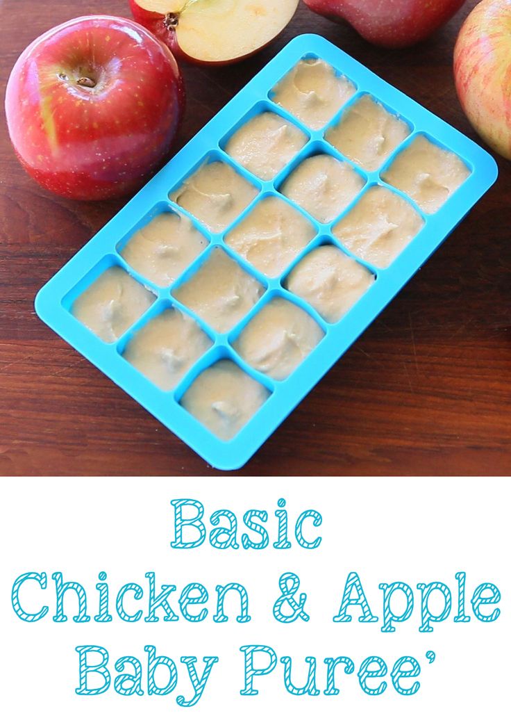 an ice tray with some apples and other food items on it, along with the words basic chicken & apple baby puree