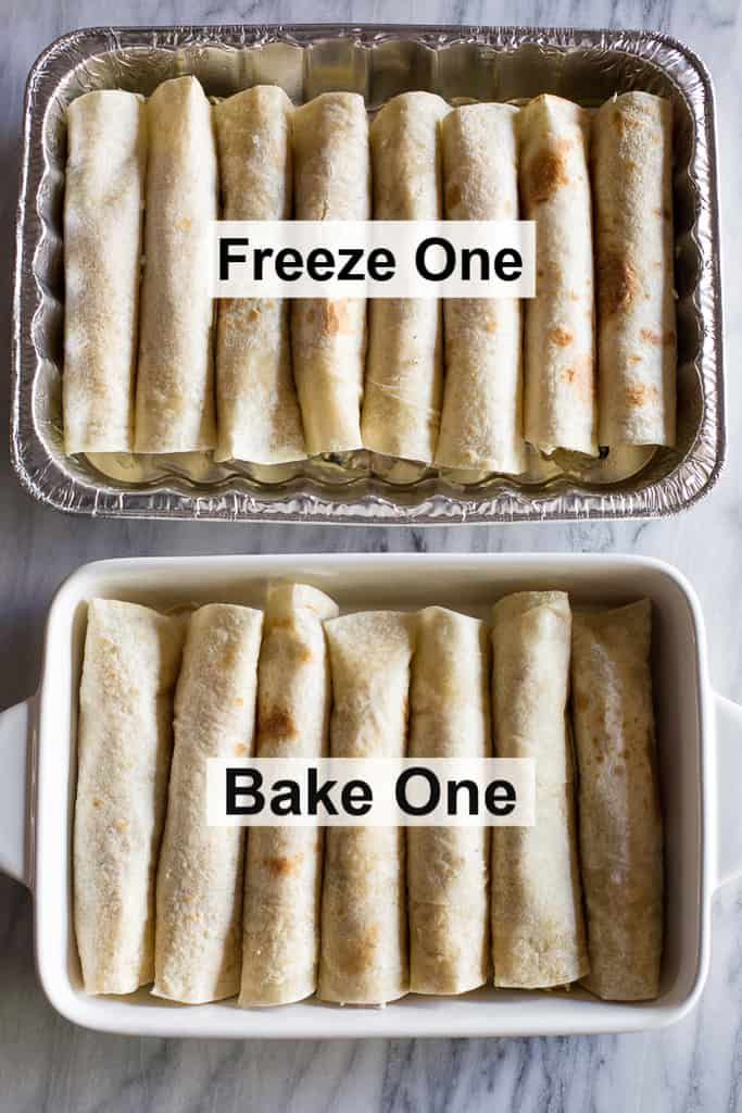 two pans filled with food sitting on top of a counter