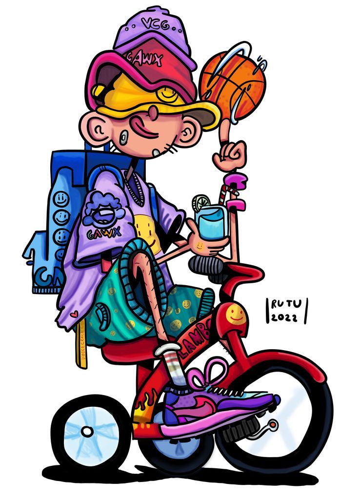 a drawing of a person on a small bike