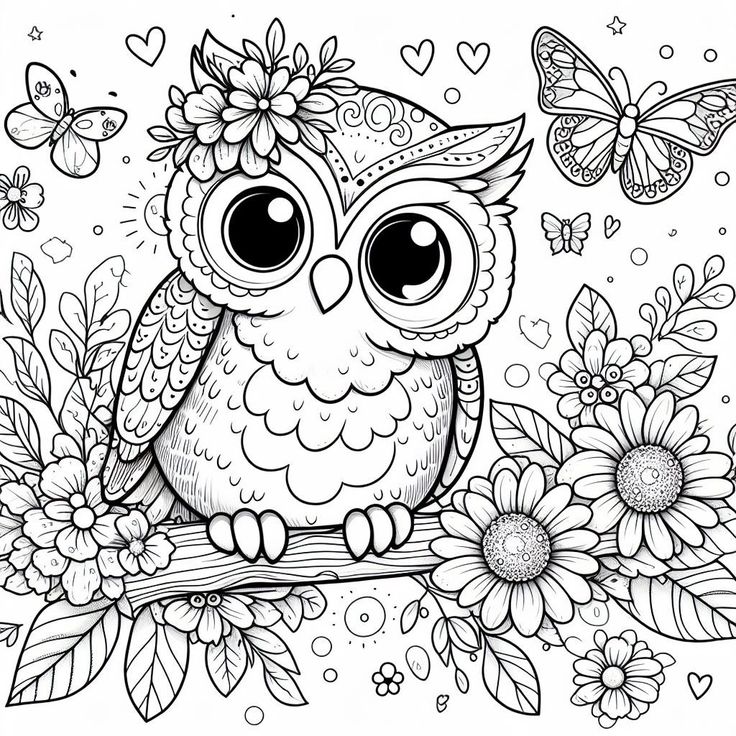 an owl is sitting on a branch with flowers and butterflies around it, coloring pages for adults