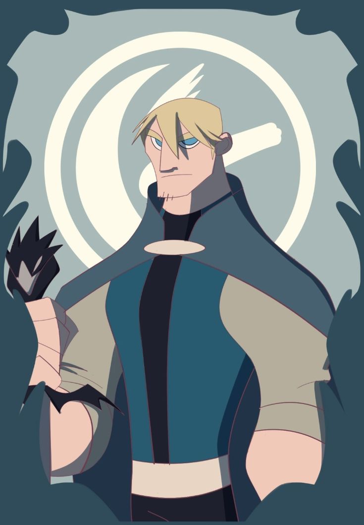 an animated man with blonde hair and blue eyes holding a black object in his hand