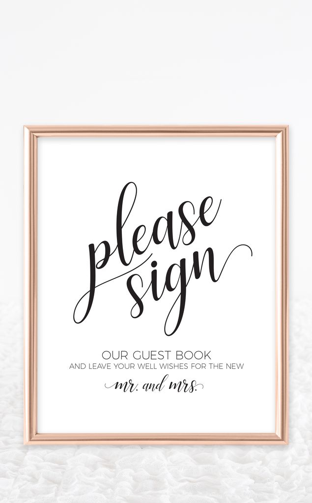 a framed sign that says please sign our guest book and leave your well wishes for the new mr and mrs