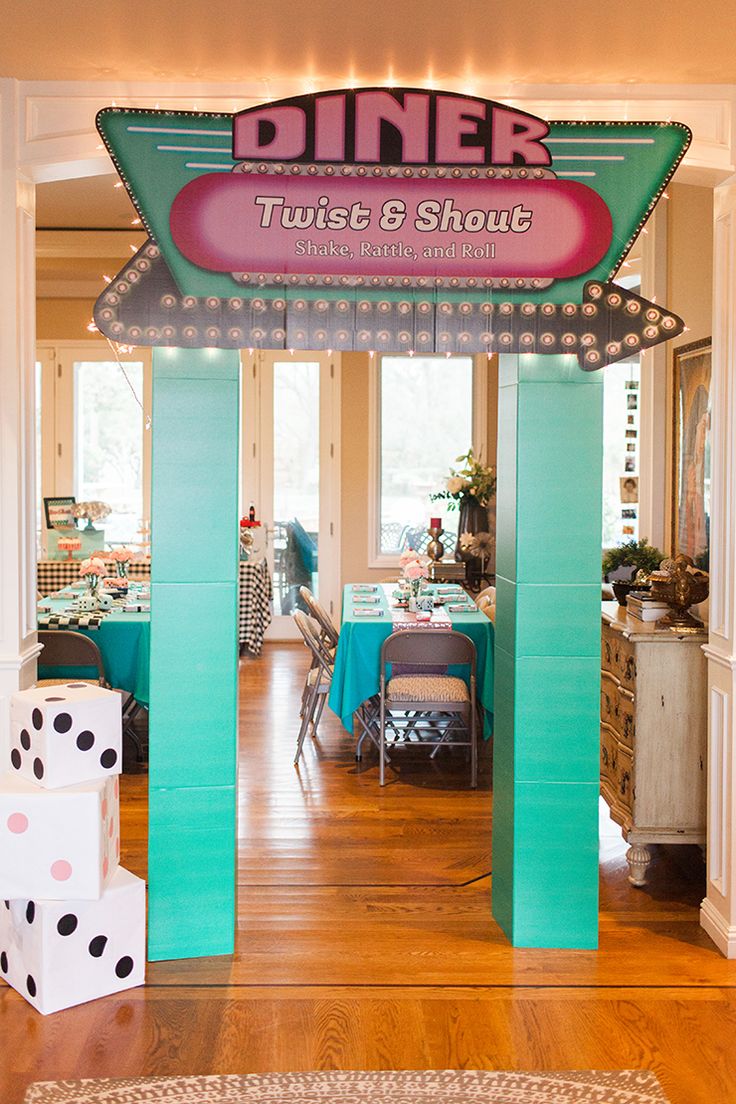 the entrance to diner twist & shot is decorated in turquoise and pink with polka dots