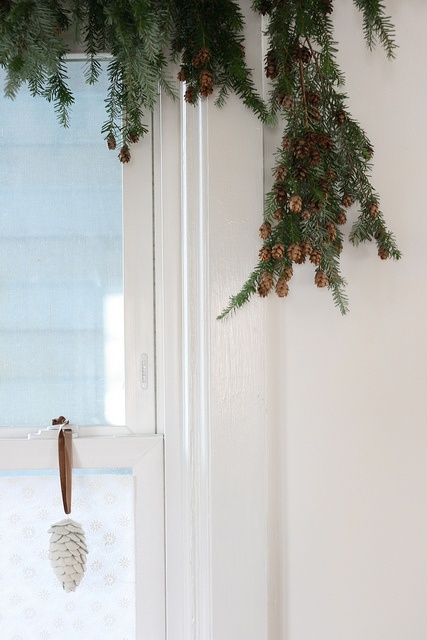 a white door with pine cones hanging from it's side and an evergreen branch