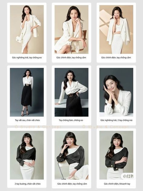 many different pictures of women in white and black outfits, with one woman posing for the camera