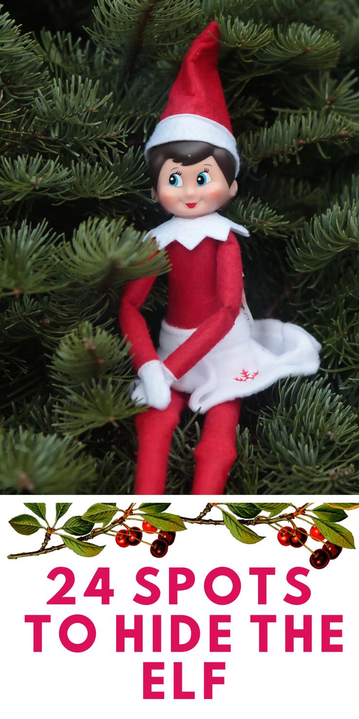 an elf is sitting on top of a christmas tree with the caption 24 spots to hide the elf