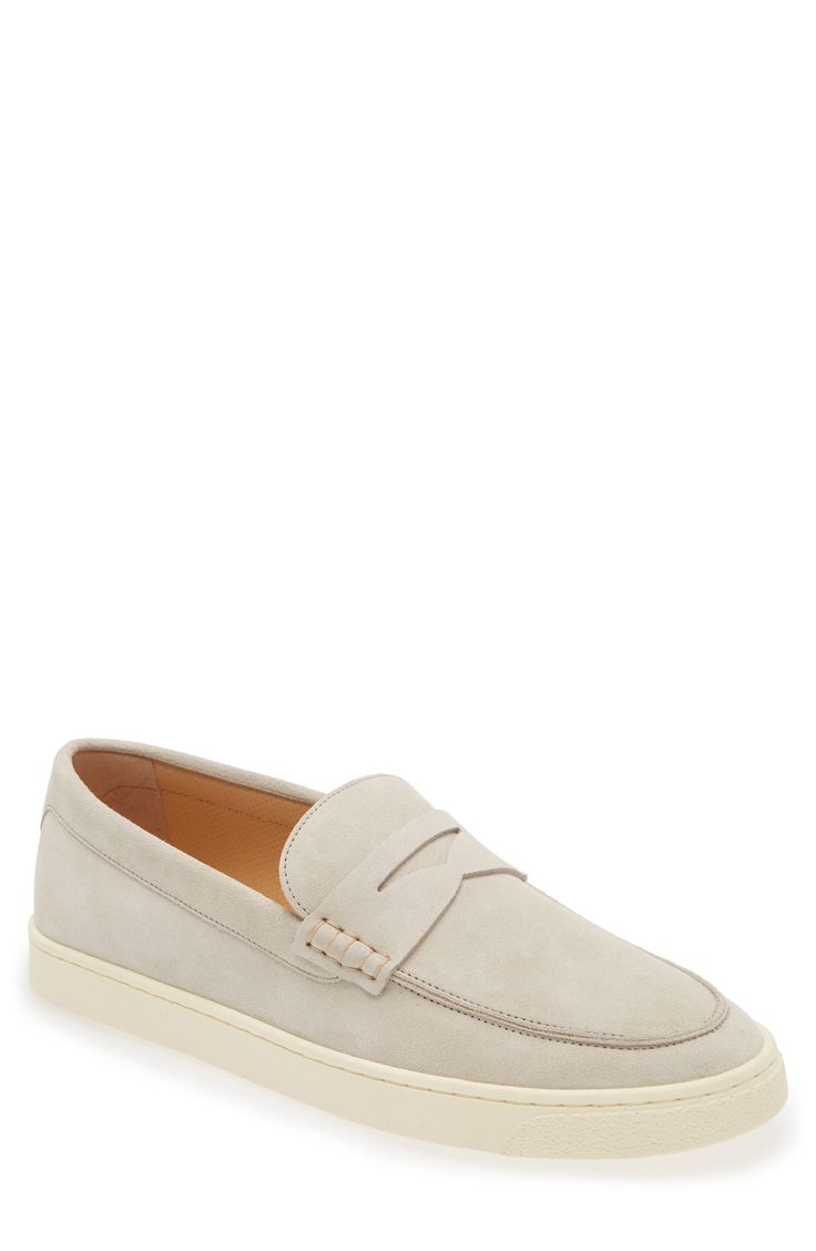 A pebbled tread on the natural-rubber sole adds surefootedness to the luxe look and comfort of this loafer-style deck shoe with a plush suede upper. Leather upper and lining/rubber sole Made in Italy Designer Shoes Slip-on Loafers With Textured White Sole, White Sole Textured Slip-on Loafers, Classic Low-top Moccasins With Stitched Sole, Classic Low-top Moccasins With Rubber Sole, White Slip-on Loafers With Stitched Sole, Classic Slip-on Boat Shoes With Stitched Sole, Classic Low-top Slip-ons With Suede Lining, Low-top Business Loafers With Rubber Sole, Classic Slip-on Boat Shoes With Removable Insole