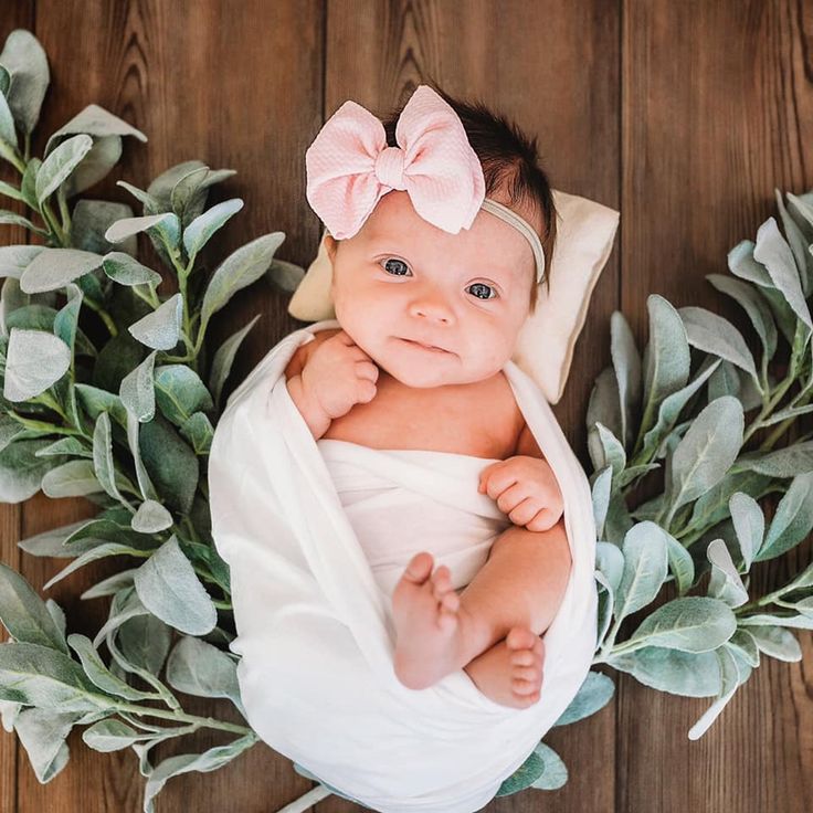 a baby wrapped up in a blanket and surrounded by greenery