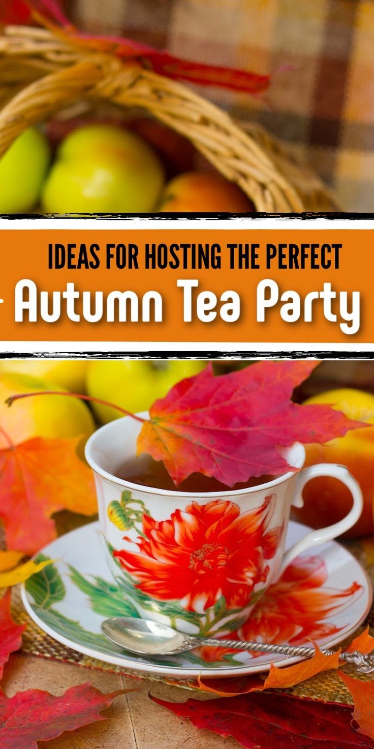 cup of tea beside a basket of apples and autumn leaves Tea Party Menu Ideas, Fall Tea Party, Tea Party Sandwiches Recipes, Gluten Free Apple Cake, Party Menu Ideas, Autumn Tea Party, Tea Party Menu, Tea Party Ideas, Fall Tea