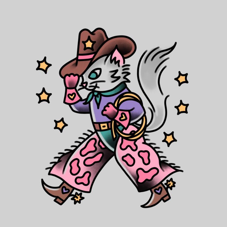 a drawing of a cat wearing a cowboy hat and pink pants with stars around it