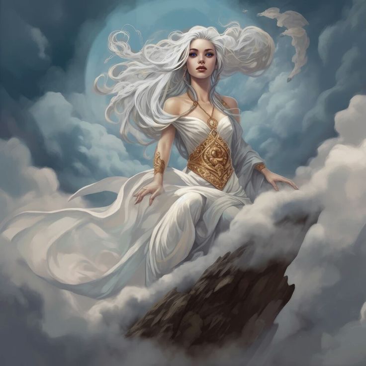 a painting of a woman sitting on top of a cloud covered mountain with her hair blowing in the wind