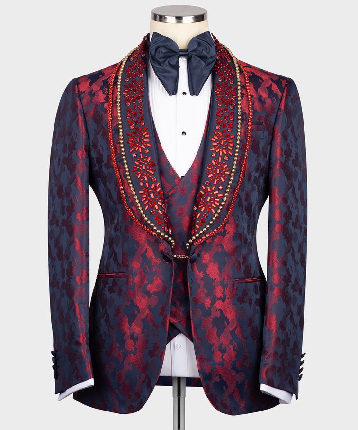 Red Notch Lapel Tuxedo For Wedding, Ceremony Tuxedo Blazer With Notch Lapel, Luxury Notch Lapel Tuxedo For Ceremony, Luxury Fitted Tuxedo With Shawl Collar, Elegant Red Fitted Tuxedo, Elegant Red Fitted Suit, Red Fitted Elegant Suit, Elegant Fitted Red Suit, Red Tuxedo With Suit Collar For Wedding