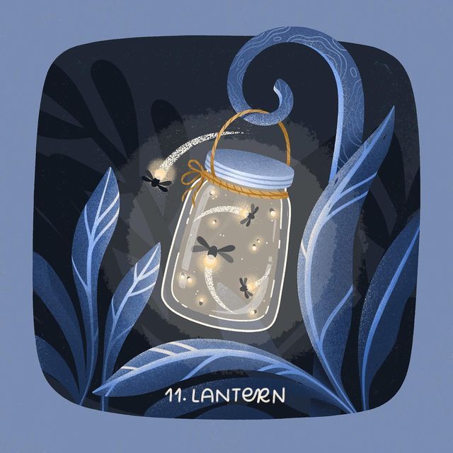 an illustration of a jar with lights in it and some leaves around it on a blue background