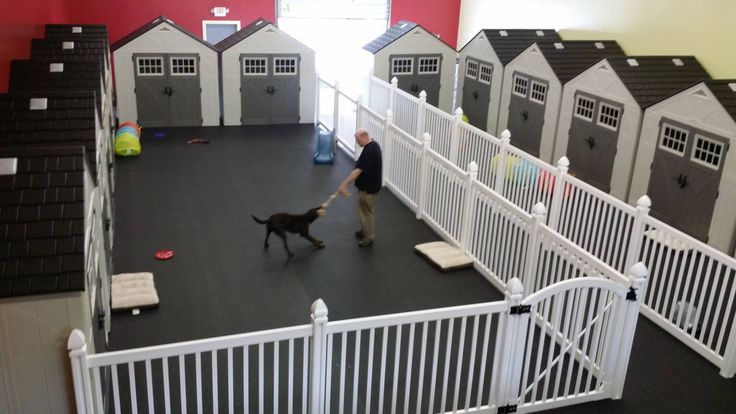 a man is walking his dog through the kennels