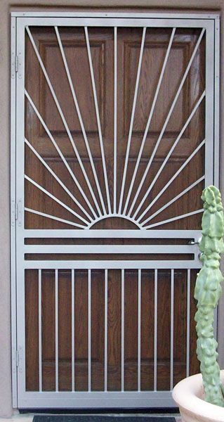 a cactus sitting in front of a wooden door with bars on it's sides