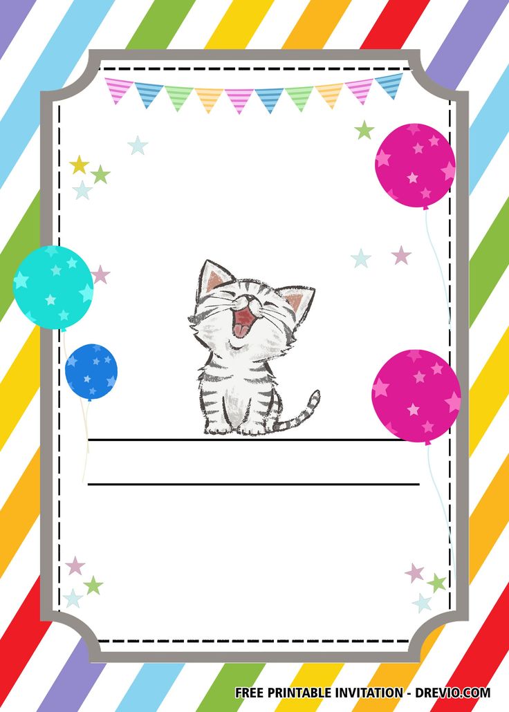 a birthday card with a cat on it and balloons in the background, as well as a