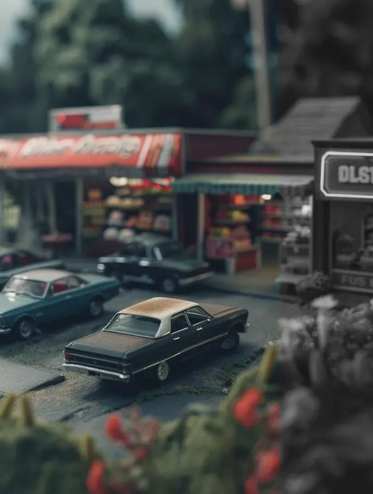 toy cars are parked on the street in front of a gas station and convenience store