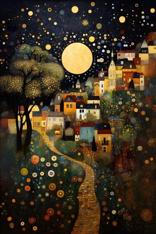 a painting with lots of dots on the ground and trees in front of it, as well as a full moon