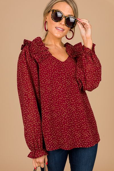 Ruffle Shoulder LS Blouse, Wine :: NEW ARRIVALS :: The Blue Door Boutique Fall Leopard Print Blouse With Ruffles, Ruffled Blouse For Date Night In Fall, Fall Date Night Top With Floral Print, Spring Leopard Print Tops With Ruffles, Spring Leopard Print Ruffled Blouse, Blue Door, Black Fits, Boutique Clothing, Cute Dresses