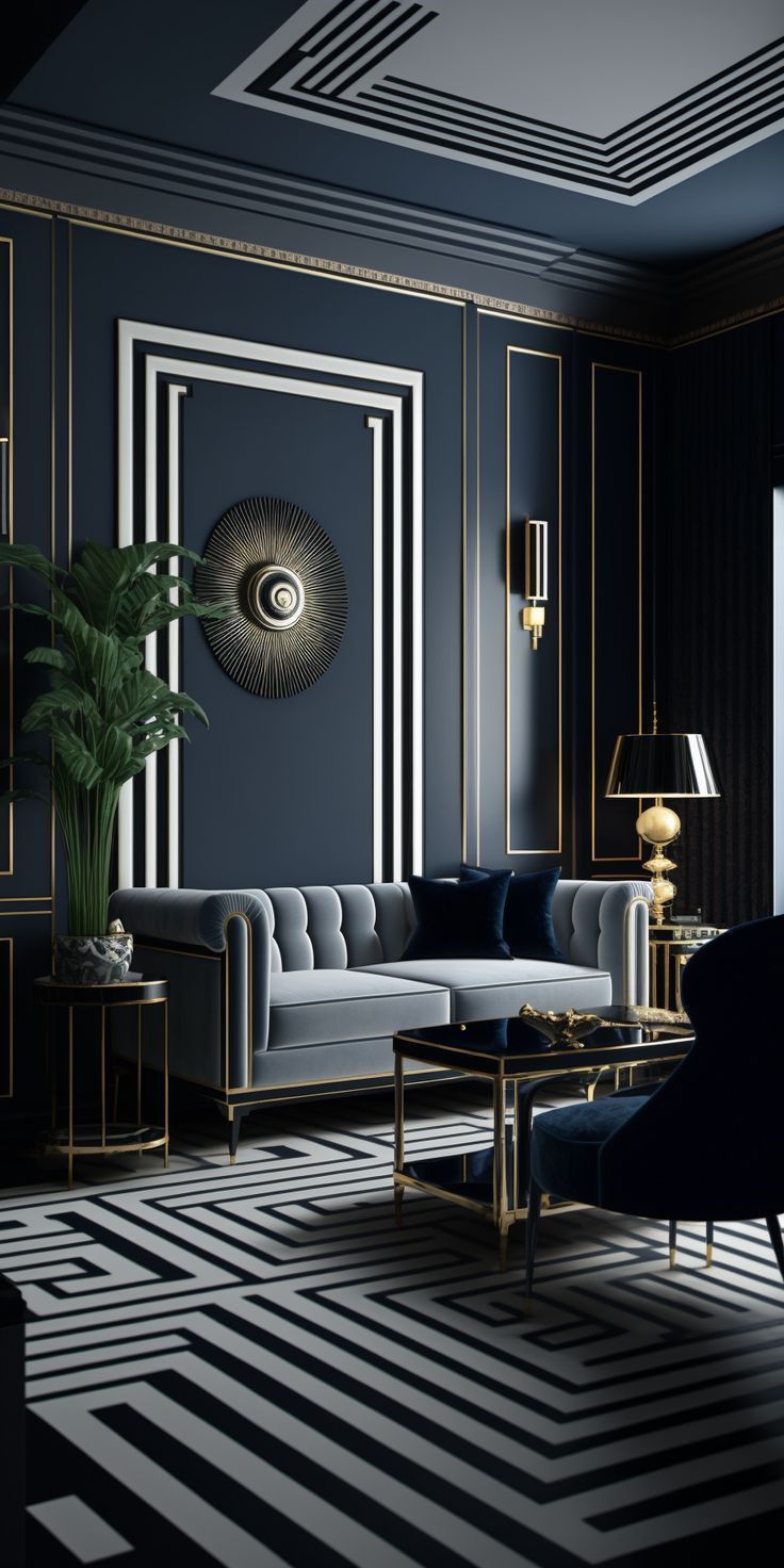 a living room with black walls and gold accents