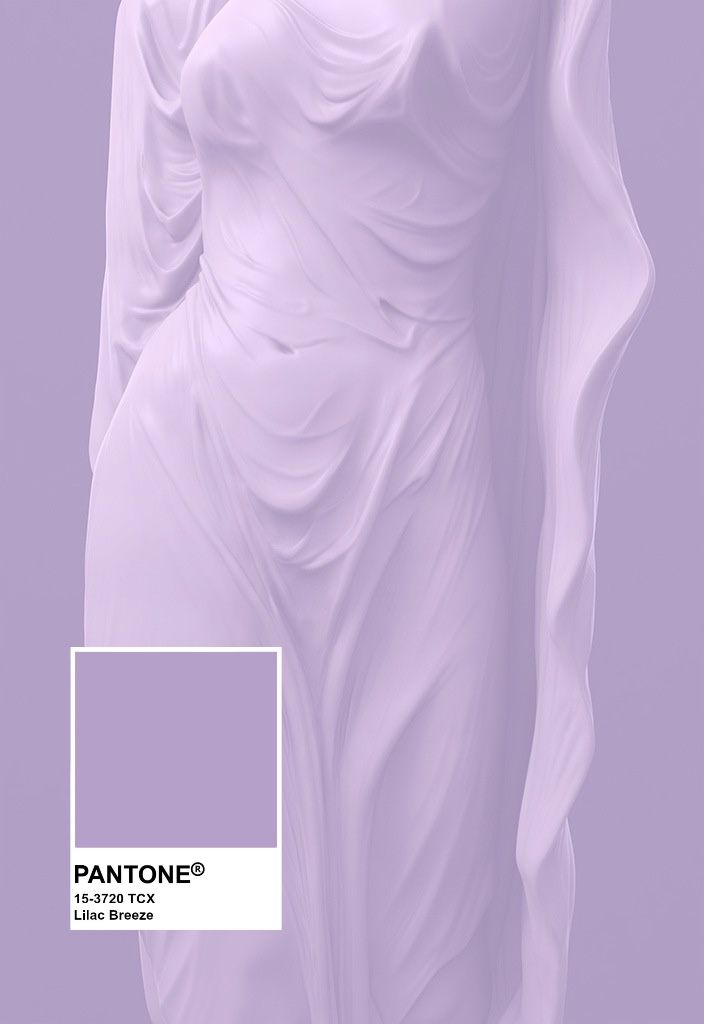 a white statue with a purple background and pantone's color swat list in the bottom right corner