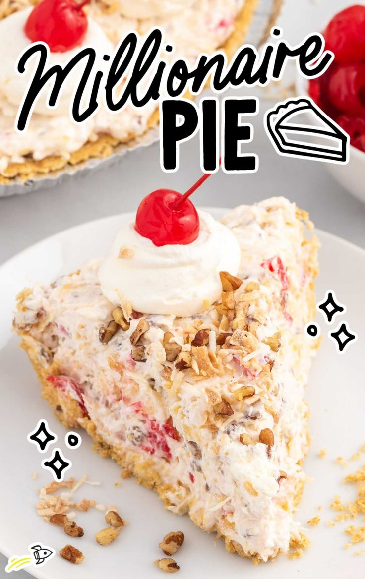 there is a piece of pie with whipped cream on top and cherries in the middle