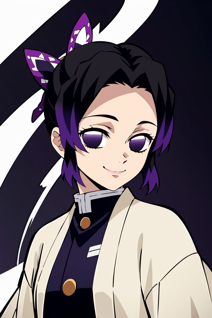 an anime character with purple hair and blue eyes