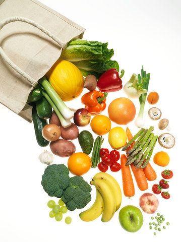 a pile of fruits and vegetables sitting on top of a bag