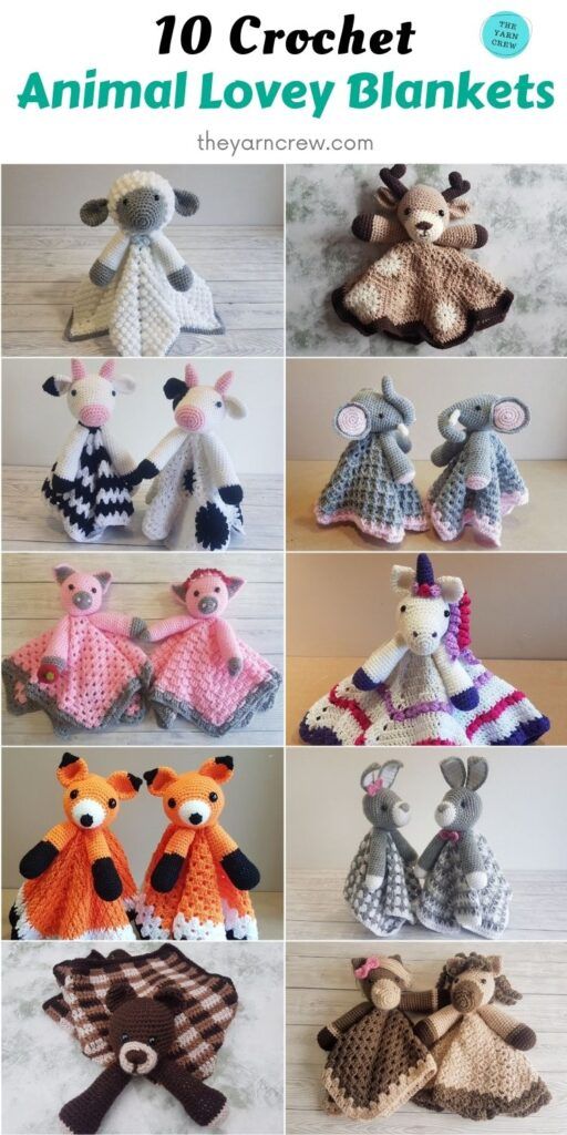 crochet animal lovey blankets are shown in many different colors and sizes, including one