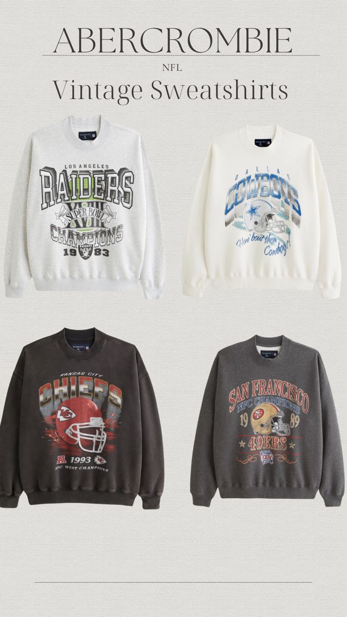 three sweatshirts with different logos on them and the words abercrombie vintage sweatshirts