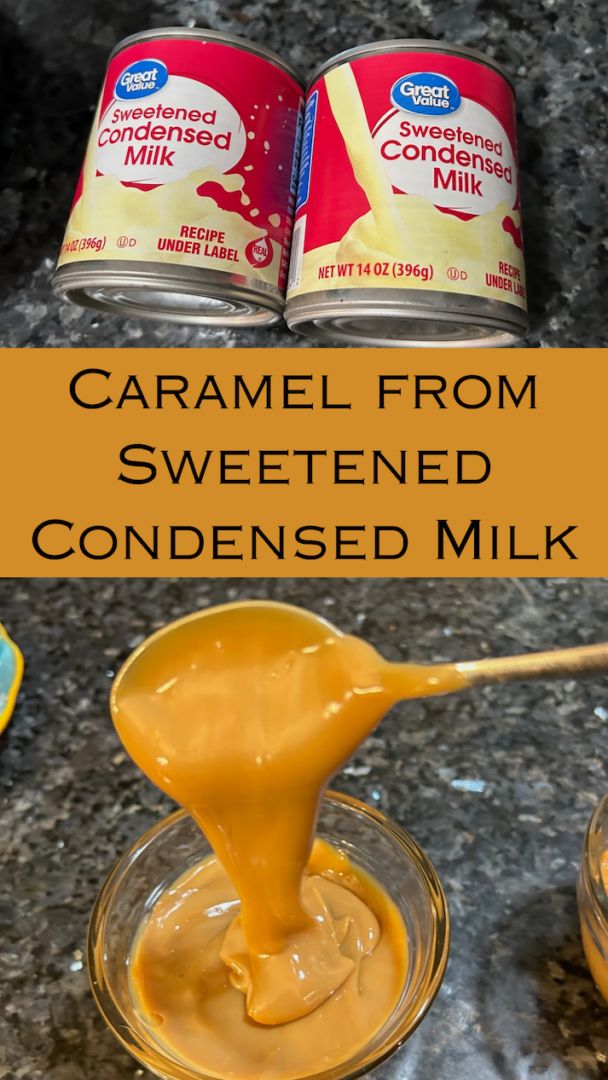 caramel from sweetened condensed milk is being poured into a jar