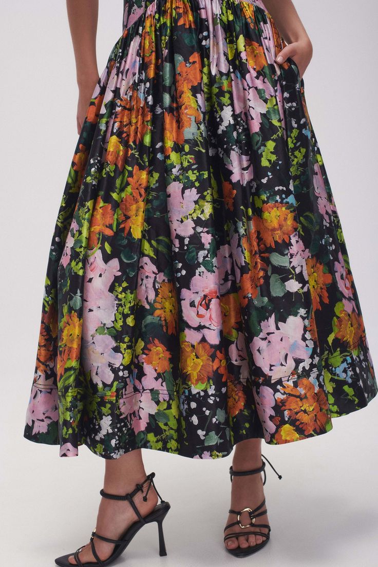 Gabrielle Plunge Midi Dress | Midnight Floral | Aje – Aje World Plunge Midi Dress, Puff Sleeve Midi Dress, Short Puff Sleeve, Line Shopping, Floral Color, Gathered Skirt, Sleeve Midi Dress, Cotton Voile, Spring Collection