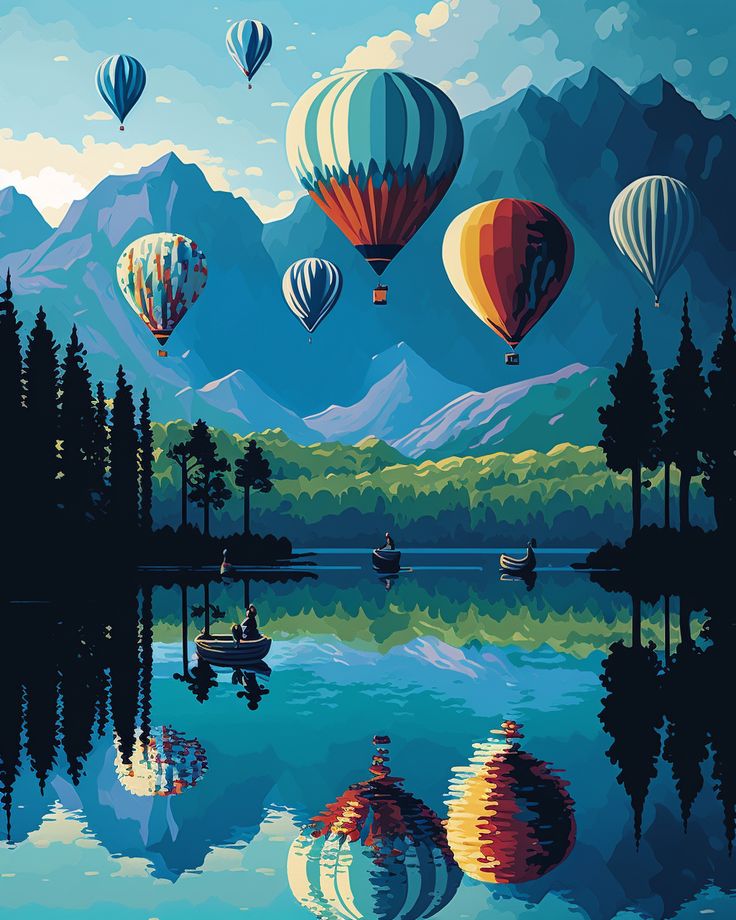 hot-air balloons, lake view reflexion, paint by number, AI Ballon Art Painting, Hot Air Balloon Artwork, Air Baloons Paintings, Hot Air Balloons Painting, Hot Air Ballon Drawings, Hot Air Balloon Acrylic Painting, Retro Acrylic Painting, Painting Hot Air Balloon, Art Gallery Interior Design