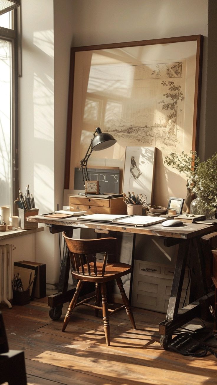 a desk with two chairs and a lamp on top of it in front of a window