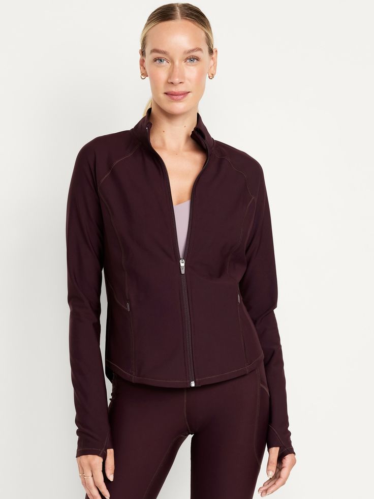 mock neck long sleeves thumbhole cuffs full-zip front zip pockets go-dry wicks moisture fitted hits at hip models are approx.  5'9" and wear sizes s (4), l (12), and xl (18)machine wash according to the care instruction label Family Pajamas, Family Maternity, Old Navy Women, Big And Tall, Active Wear Tops, Petite Size, Wicks, Mock Neck, Zip Pockets