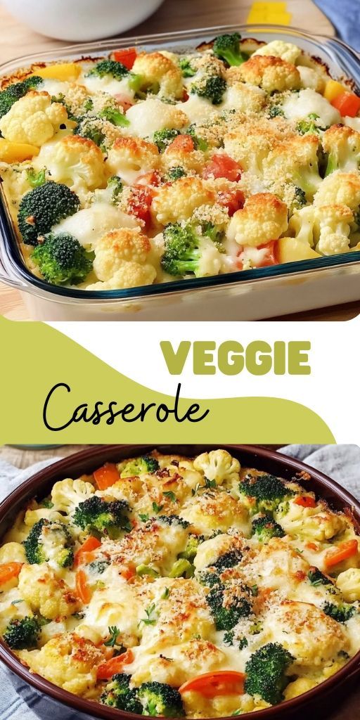 two images showing different types of casserole with broccoli and cauliflower