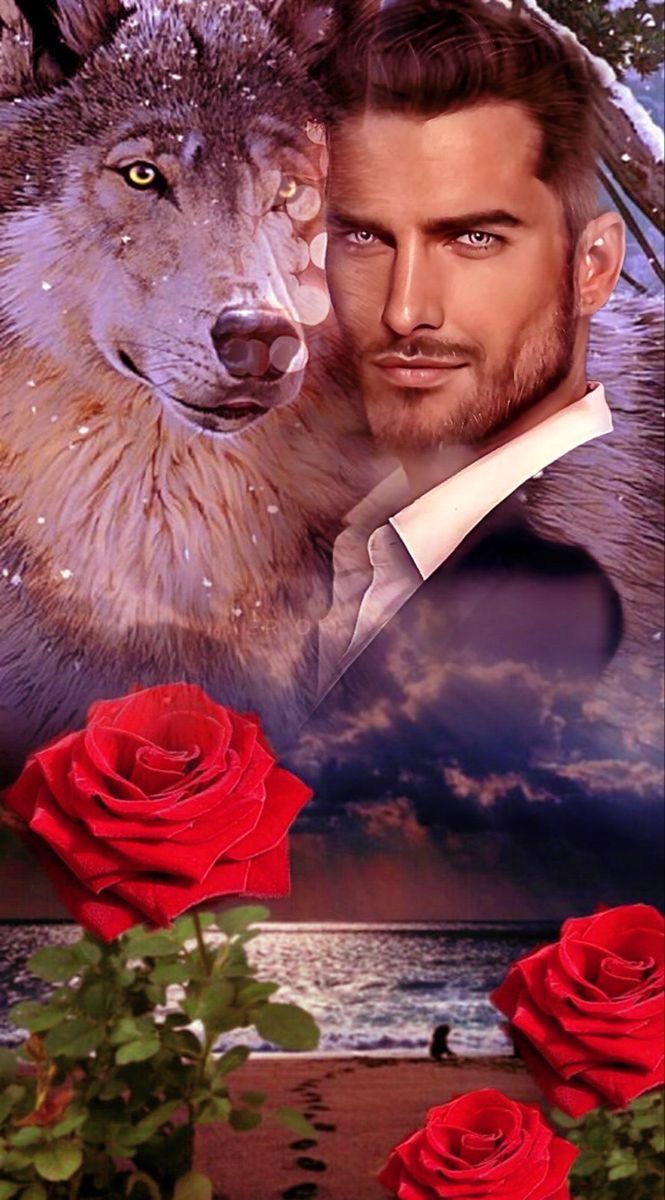 a man and a wolf with roses in front of him on the cover of a book