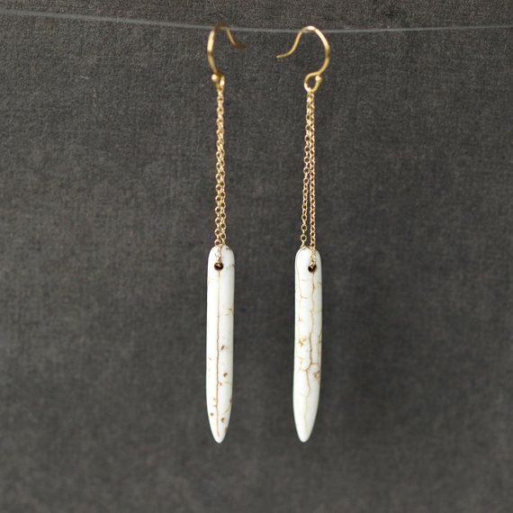 White Spear Earrings Boho Long Dangle Gold by ShopClementine, $45.00 White Nickel Free Gold Plated Jewelry, Nickel Free White Gold Plated Jewelry, White Gold Plated Nickel Free Jewelry, White Linear Pierced Earrings As Gift, White Linear Pierced Earrings For Gift, White Linear Earrings As A Gift, White Sterling Silver Dangle Linear Earrings, Nickel Free White Gold Plated Earrings, White Gold Plated Nickel-free Earrings