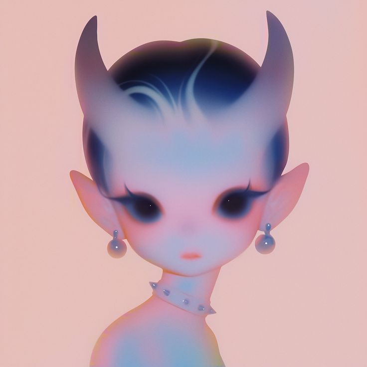 a digital painting of an alien girl with horns and piercings on her head, against a pink background