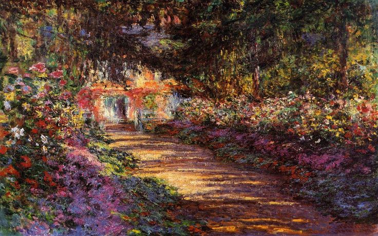 a painting of a garden with flowers and trees