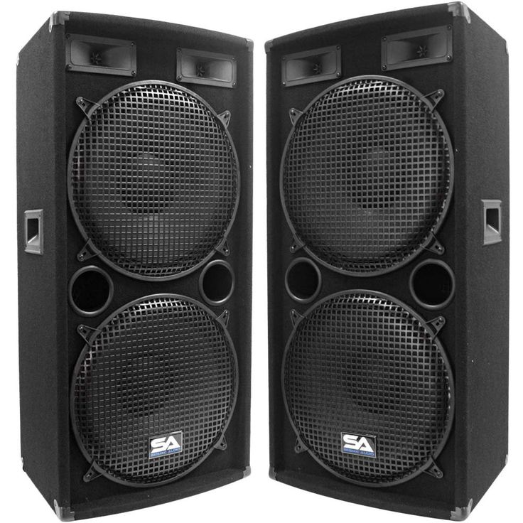 two black speakers sitting next to each other