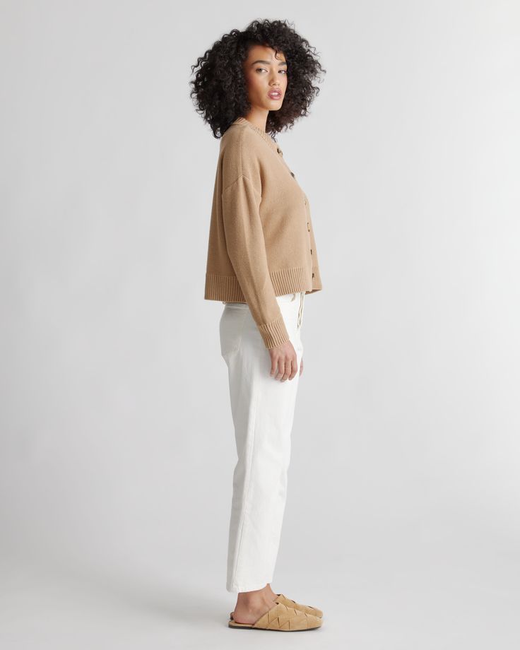 Not your average cardigan. Our organic cotton button front cardigan does double duty as a casual-cute top or a comfy-cozy layer for whatever the weather brings. Airy and breathable with a boxy and slightly cropped fit.  | Quince | Women's Cropped Cardigan Sweater in Camel, Size Large, Organic Cotton Everyday Button-up Sweater For Fall, Everyday Button-up Sweater With Button Closure, Versatile Everyday Cardigan With Button Closure, Everyday Button-up Cardigan For Fall, Trendy Sweater With Button Closure For Everyday, Everyday Button-up Fall Cardigan, Button-up Fall Cardigan For Everyday, Everyday Fall Button-up Cardigan, Versatile Everyday Sweater