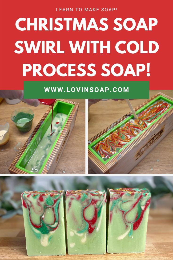 christmas soap swirl with cold process soap is shown in three different pictures and the words learn to make soap