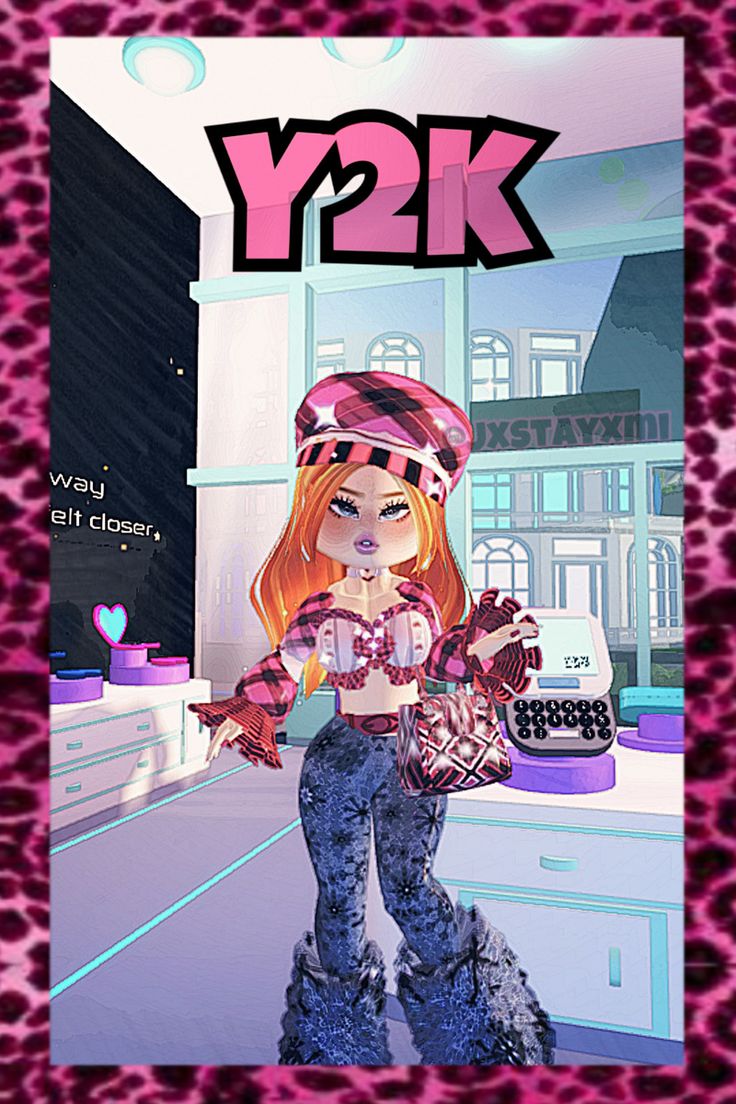 a girl with red hair is standing in front of a pink leopard print background and the words y2k on it