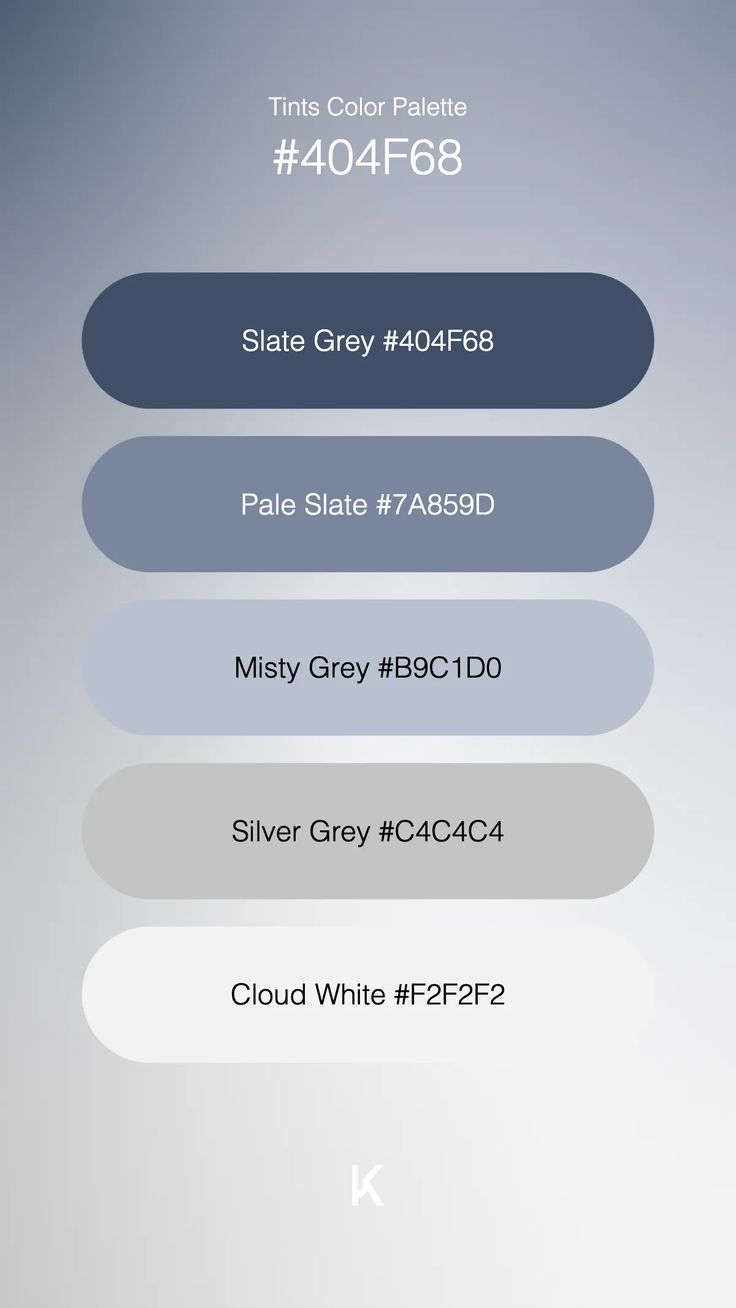 Tints Color Palette Slate Grey #404F68 · Pale Slate #7A859D · Misty Grey #B9C1D0 · Silver Grey #C4C4C4 · Cloud White #F2F2F2 Cool Tone Grey Paint Colors, Black White Gray Blue Color Scheme, Color Pallets With Grey, Silver Pallete Color, Air Color Palette, Grey And White Color Palette, Grey Pallet Colour Palettes, Boys Bedroom Colour Scheme, Grey And Blue Color Palette