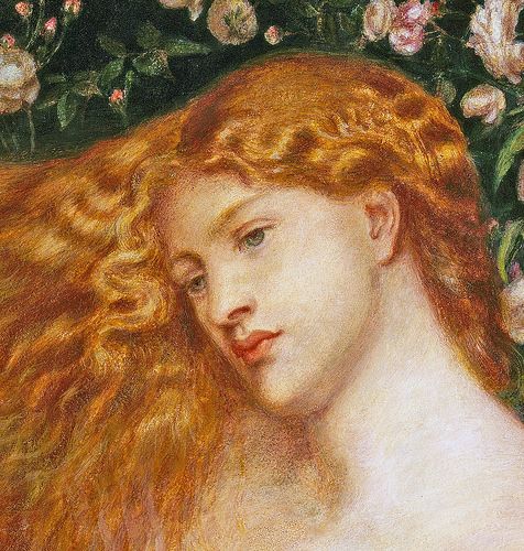 a painting of a woman with long red hair and flowers in the background, looking to her left