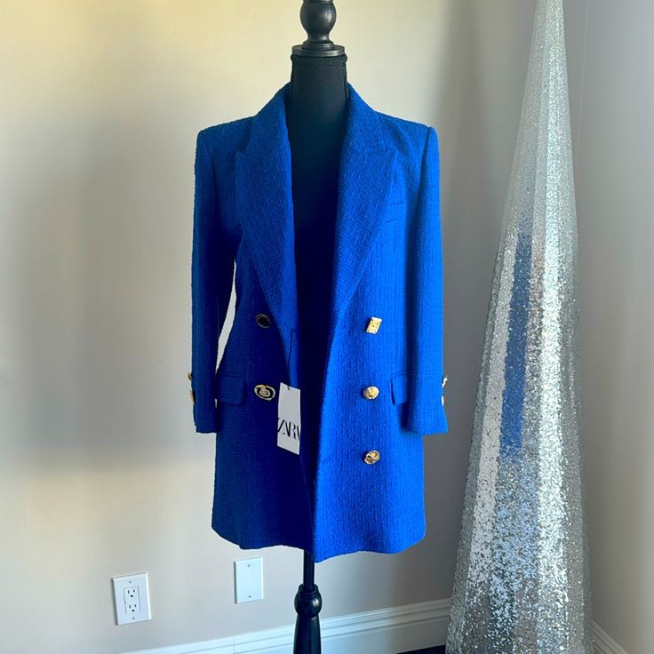 Beautiful Brand New Royal Blue Zara Coat With Tag. Comes From Smoke And Pet Free Home. Blue Outerwear For Office In Winter, Blue Fitted Outerwear With Double Button Closure, Fitted Blue Outerwear With Double Button Closure, Blue Office Outerwear For Winter, Blue Long Sleeve Office Blazer, Royal Blue Spring Blazer For Work, Blue Buttoned Outerwear For Office, Blue Button Closure Outerwear For Office, Long Sleeve Blue Blazer For Fall