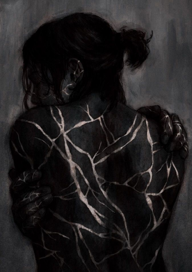 a painting of a woman with her back to the camera, wrapped in black and white lines